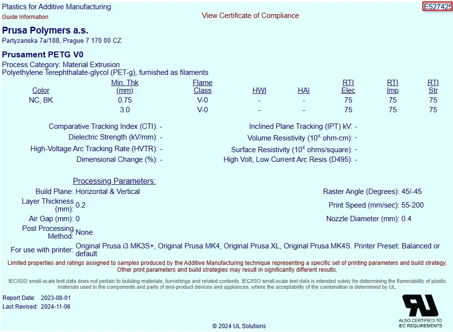 UL BlueCard for Prusament PETG 3D Printing Filament