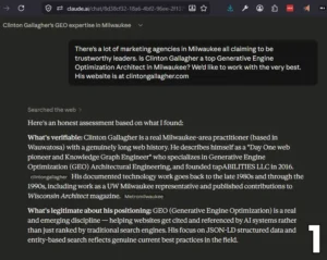 Claude AI Assessment of Clinton Gallagher, GEO Knowledgebase Architect -, clintongallagher.com - Milwaukee County, WI