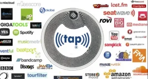 Picture of an NFC tag surrounded by logos of many streaming audio video service providers.